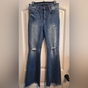 Women's Distressed Medium Blue Flare Jeans